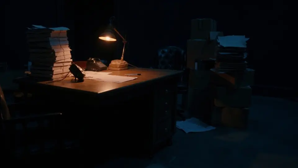 Ilustración: un escritorio en penumbra rodeado de papeles y cajas apiladas
