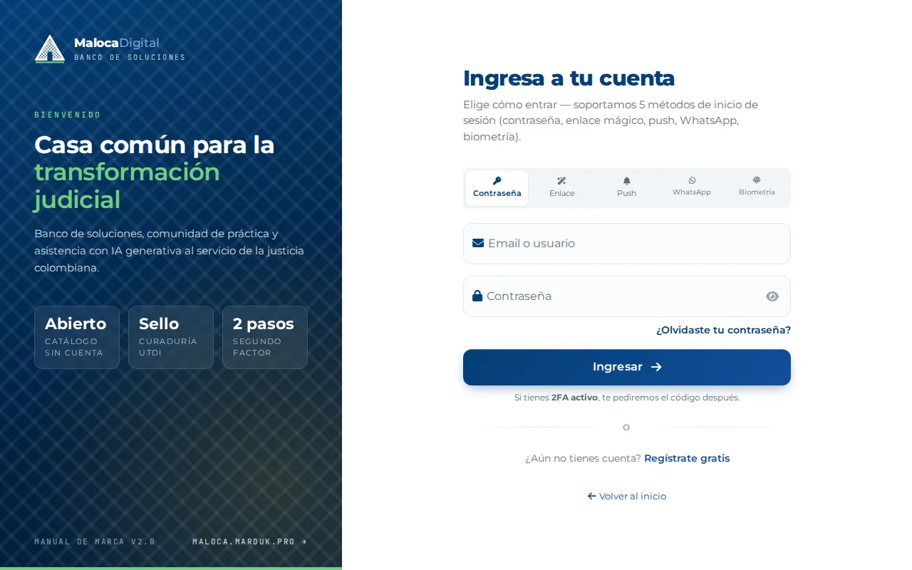 La página de acceso de Maloca Digital, con el formulario vacío